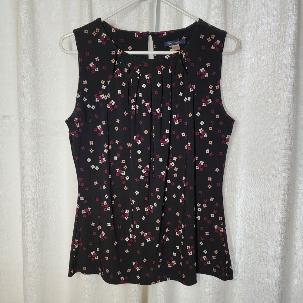 Sleeveless Dress Top, Tommy Hilfiger, Med, Black w/ tank, maroon & white flowers